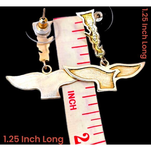 Vintage 9k Yellow Gold Over Silver Dangle Stud Whale Fin Post Sterling Earrings - Picture 6 of 10